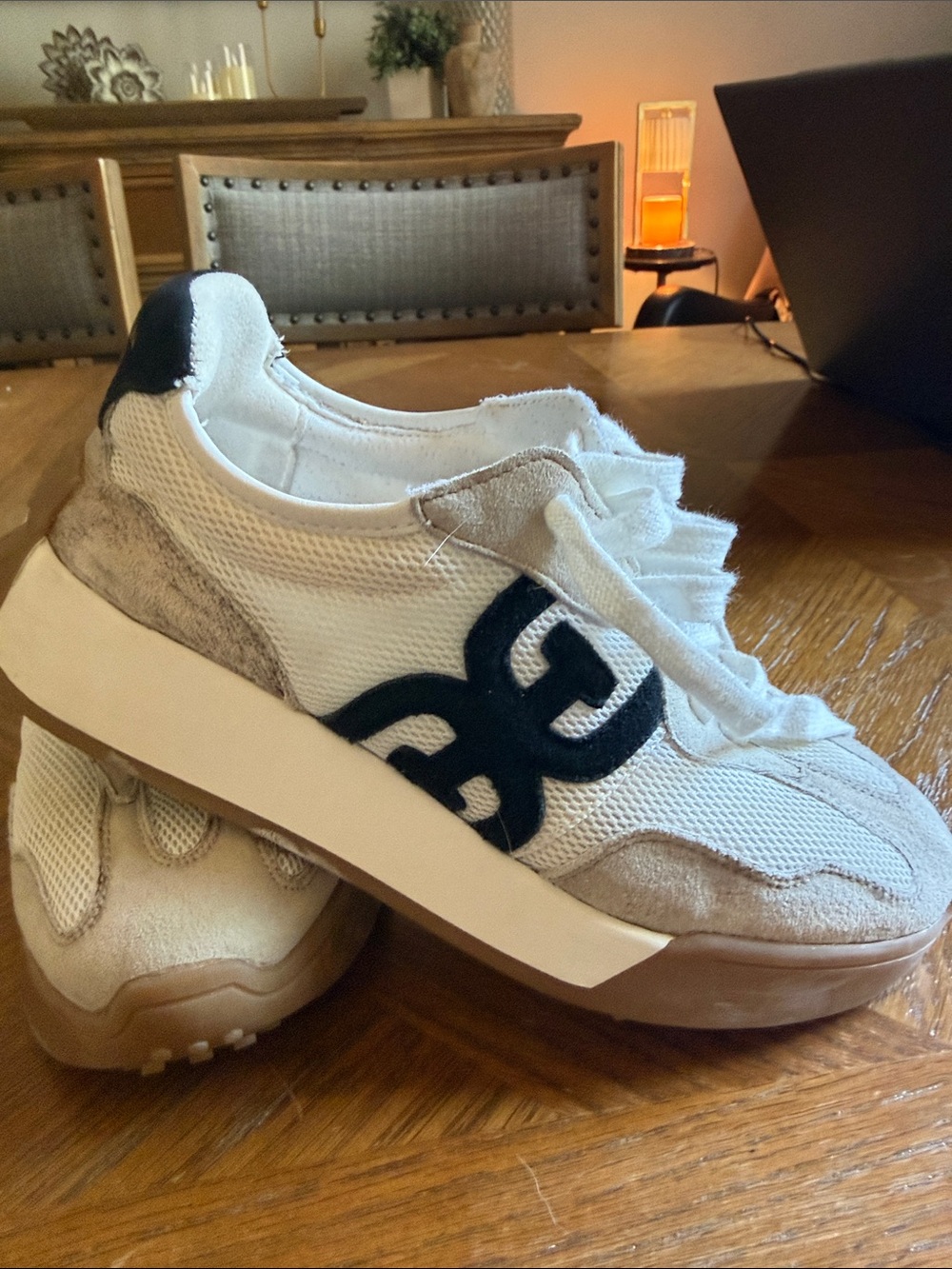 Sam Edelman White and Beige Sneakers with Black Logo